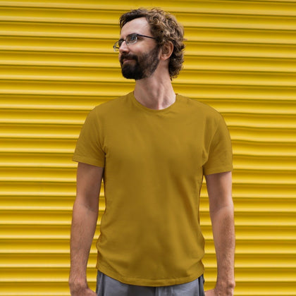 Men Mustard Yellow Round Neck T-shirt - Zaathi