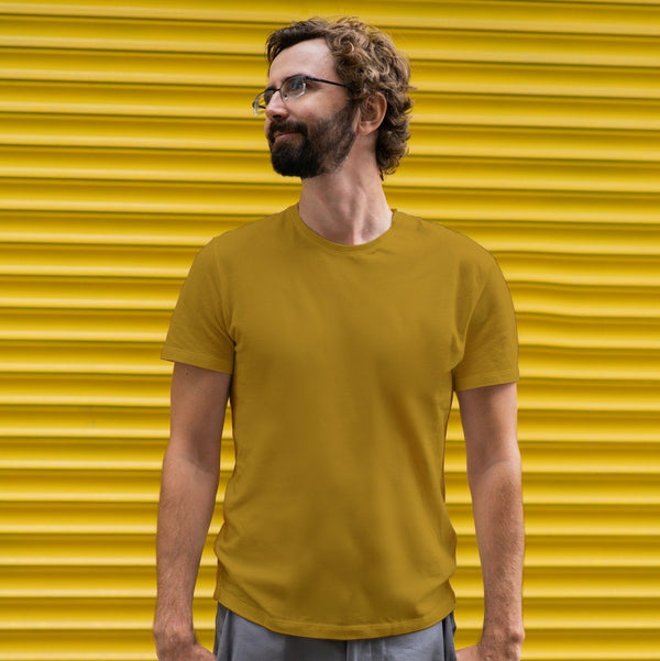 Men Mustard Yellow Round Neck T-shirt